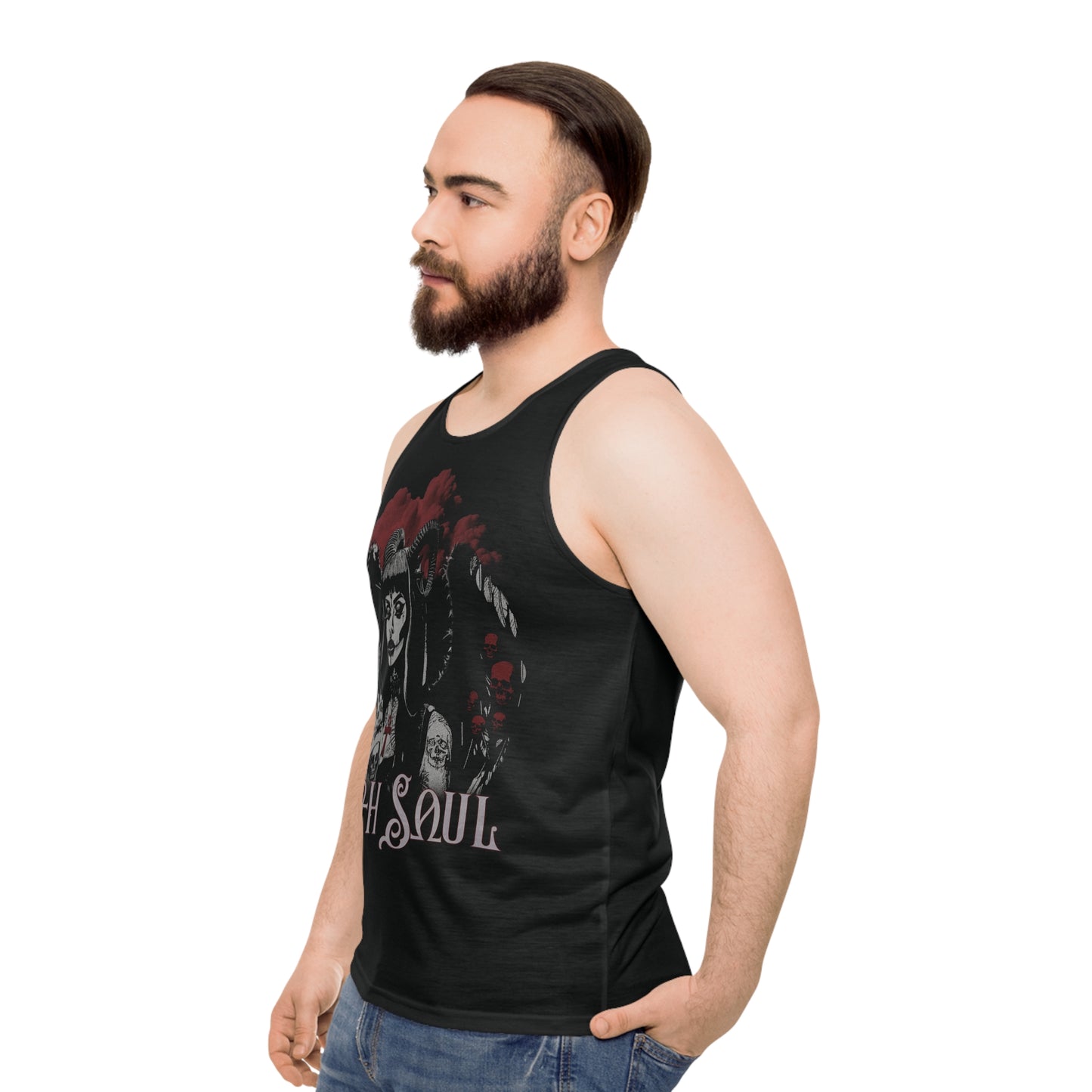 Valkyrie Unisex Black Tank Top (AOP) with Red Design (USA)