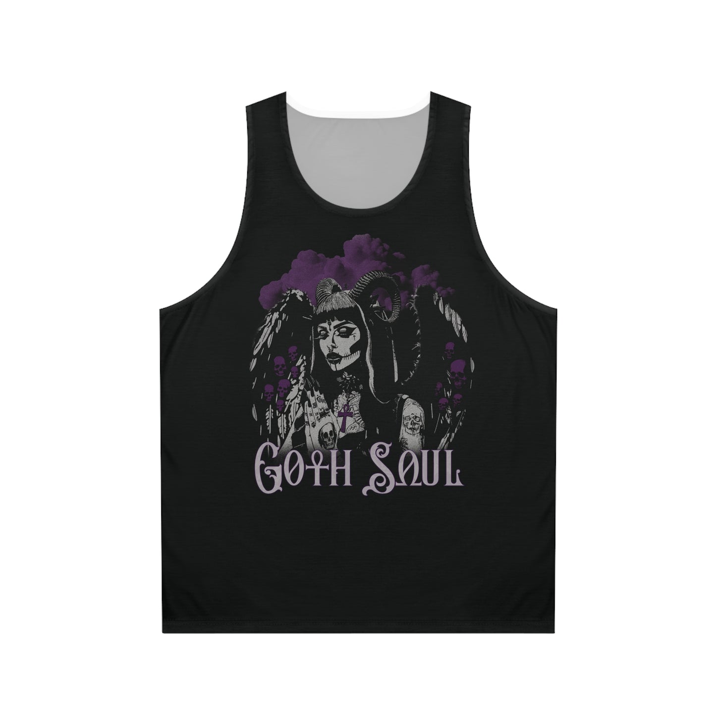 Valkyrie Unisex Black Tank Top (AOP) with Purple Design (USA)