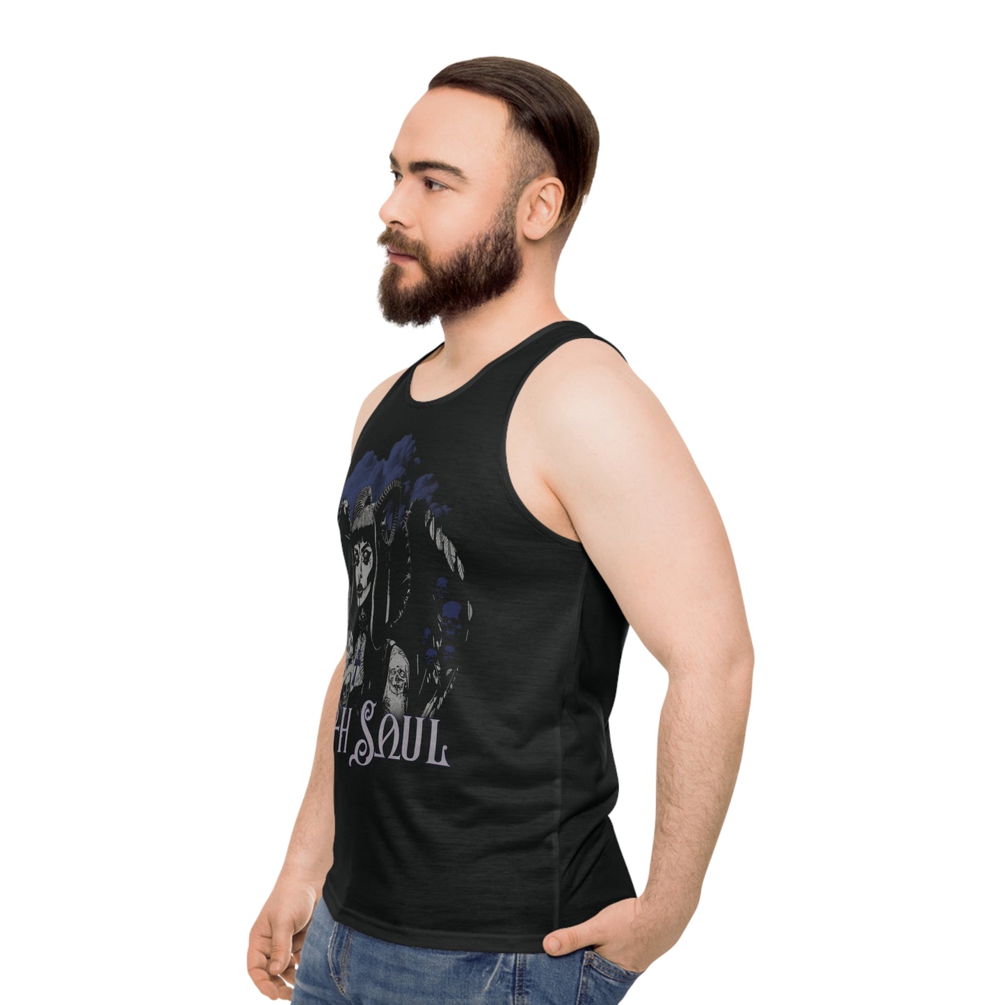 Valkyrie Unisex Black Tank Top (AOP) with Blue Design (USA)