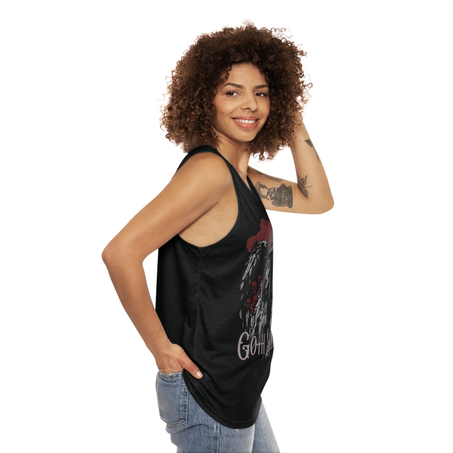 Valkyrie Unisex Black Tank Top (AOP) with Red Design (USA)