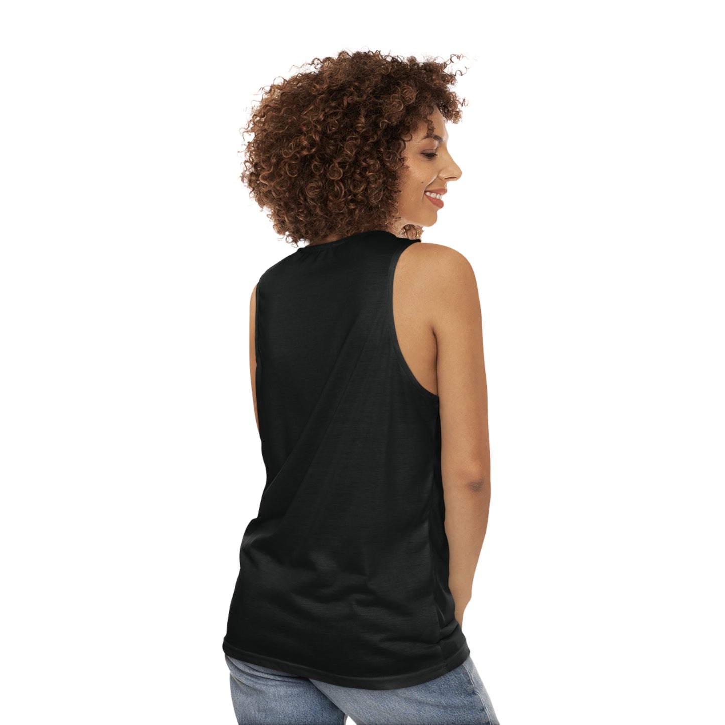 Valkyrie Unisex Black Tank Top (AOP) with Blue Design (USA)