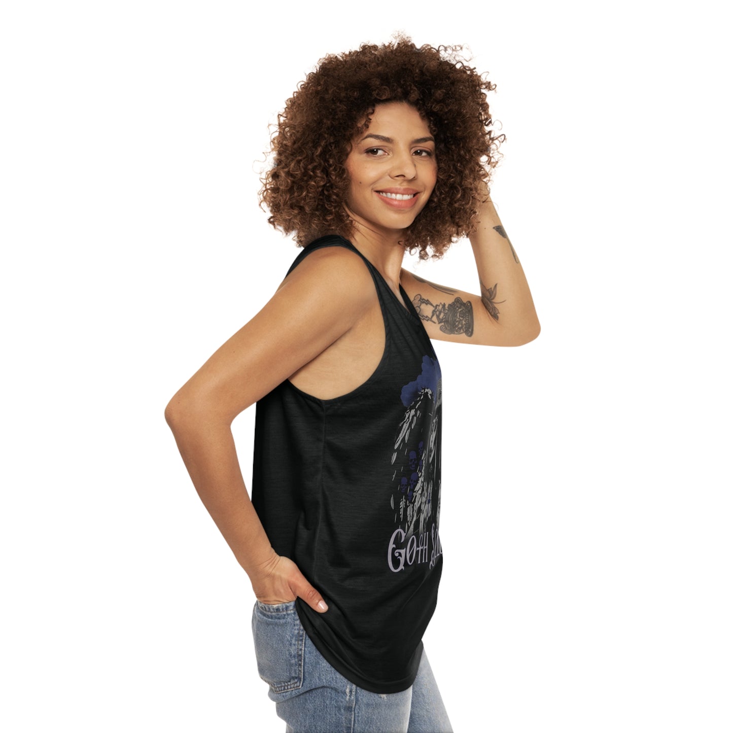 Valkyrie Unisex Black Tank Top (AOP) with Blue Design (USA)