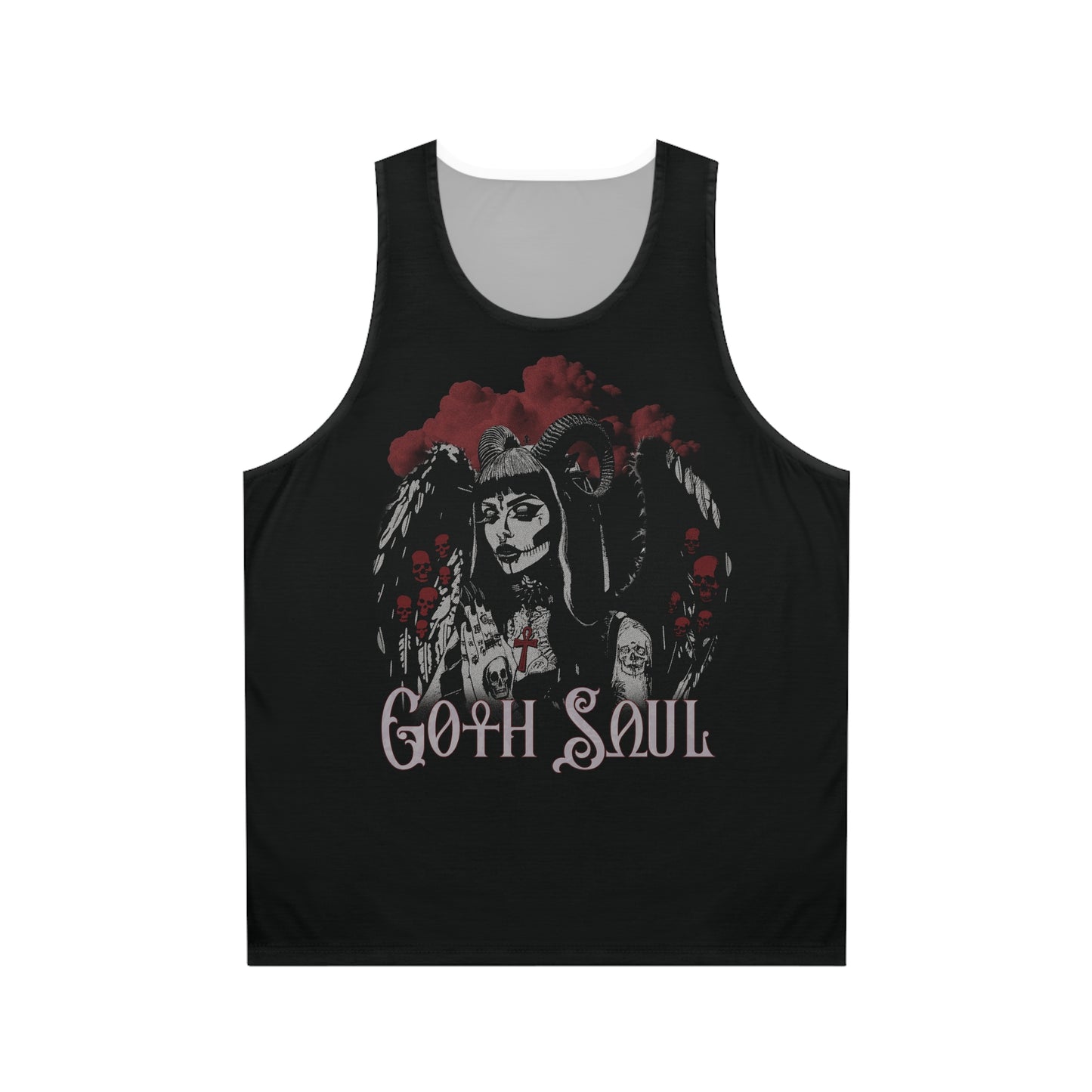 Valkyrie Unisex Black Tank Top (AOP) with Red Design (USA)