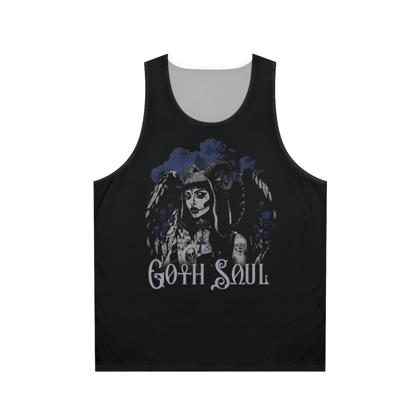 Valkyrie Unisex Black Tank Top (AOP) with Blue Design (USA)