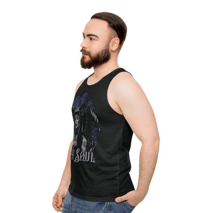 Valkyrie Unisex Black Tank Top (AOP) with Blue Design (USA)