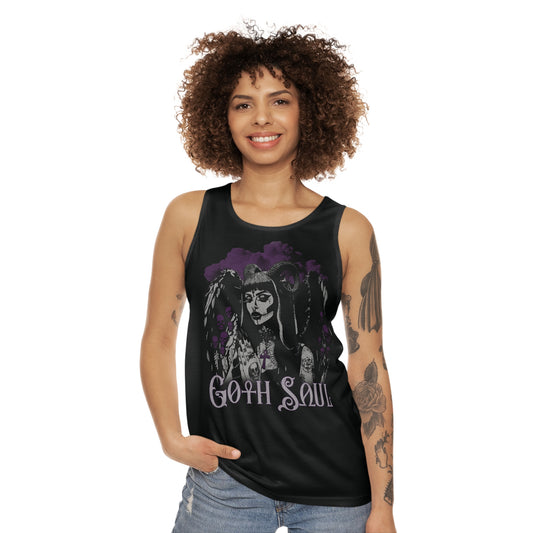 Valkyrie Unisex Black Tank Top (AOP) with Purple Design (USA)