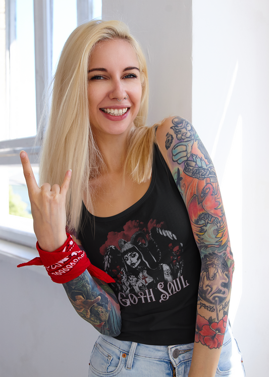 Valkyrie Unisex Black Tank Top (AOP) with Red Design (USA)